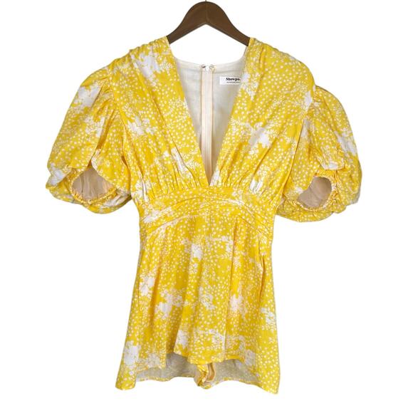 Showpo NWT Ailiza Playsuit Yellow Floral V Neck Puff Sleeve Wide Leg Romper - Picture 13 of 16